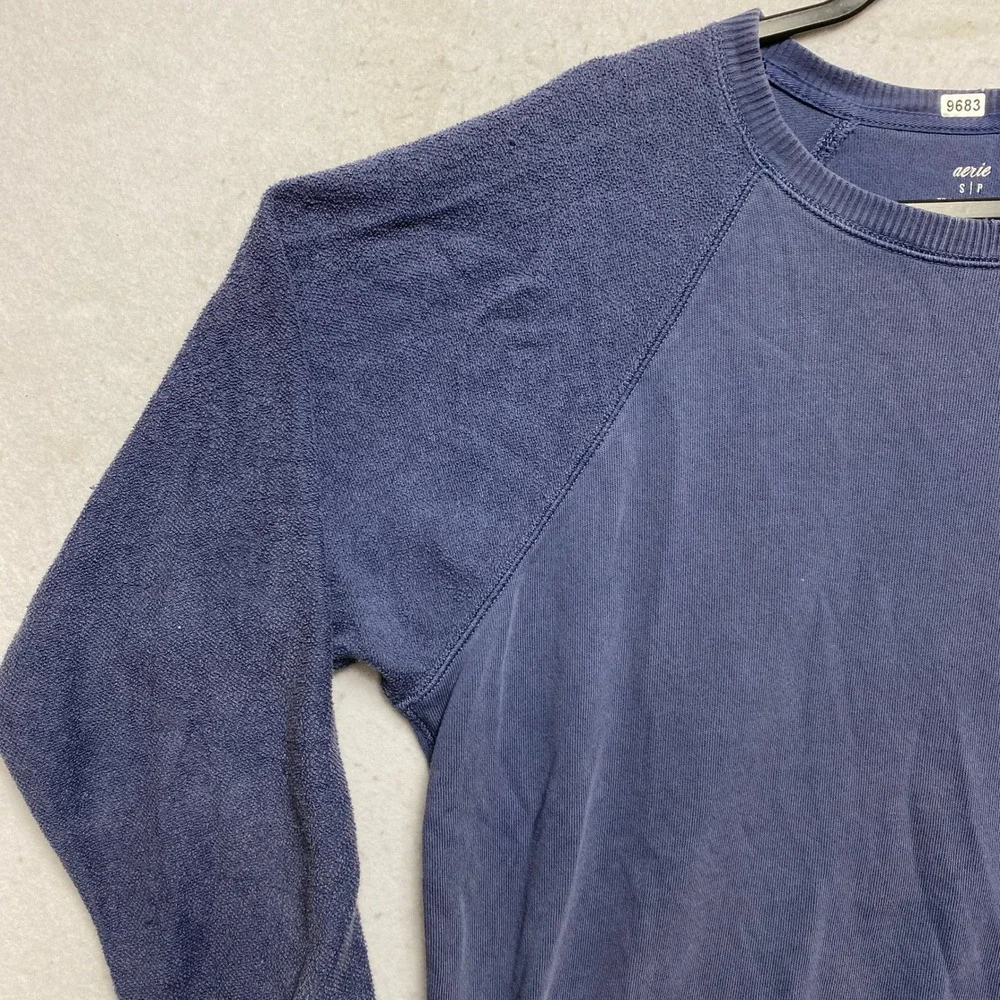 Aerie Sweatshirt Mens Small Blue Raglan Sleeve Textured French Terry Pullover - Picture 5 of 11
